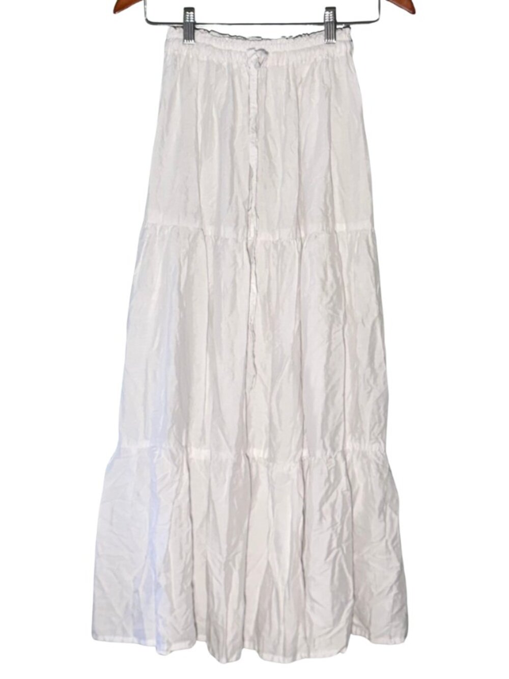 White Tiered Midi Skirt Drawstring Elastic Waist Boho Peasant Flowy Cottagecore
